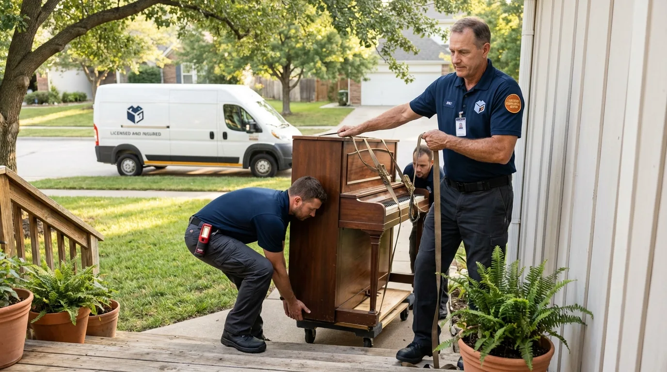 Licensed piano movers securing grand piano in Carnesville, GA